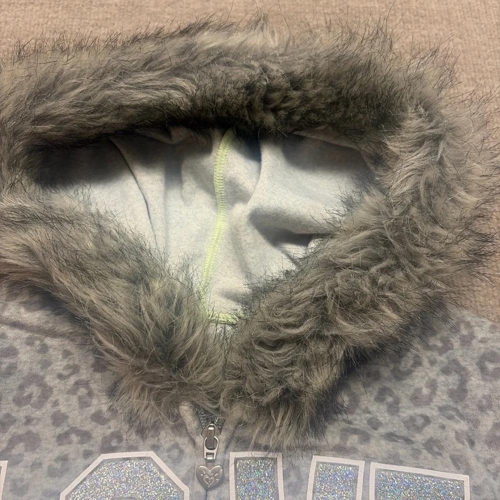 Justice Girls' Grey Leopard Print 'LOVE Justice' Zip Hoodie w Faux Fur Hood 0704